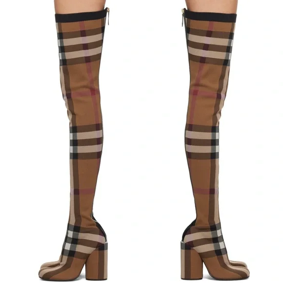 NIB Burberry 36 Anita Knit Check Over-the-Knee Thigh High Stretch Boots in Brown - Picture 7 of 17